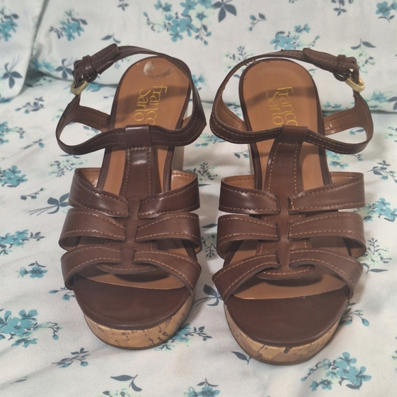 Franco Sarto Shoes - Franco Sarto Women's 8.5 Brown Leather Wedge Sandals |  Ankle Strap Platform